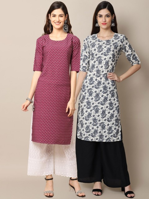 

KALINI PACK OF 2 Women Ethnic Motifs Printed Block Print Handloom Crepe Kurta, Burgundy