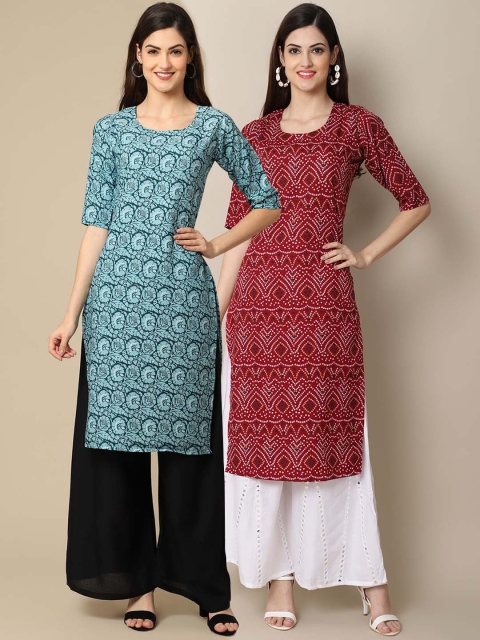 

KALINI Women Pack of 2 Blue & Maroon Floral Printed Crepe Kurta