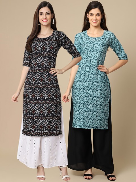 

KALINI Women Pack Of 2 Black & Blue Ethnic Motifs Printed Block Print Crepe Kurtas
