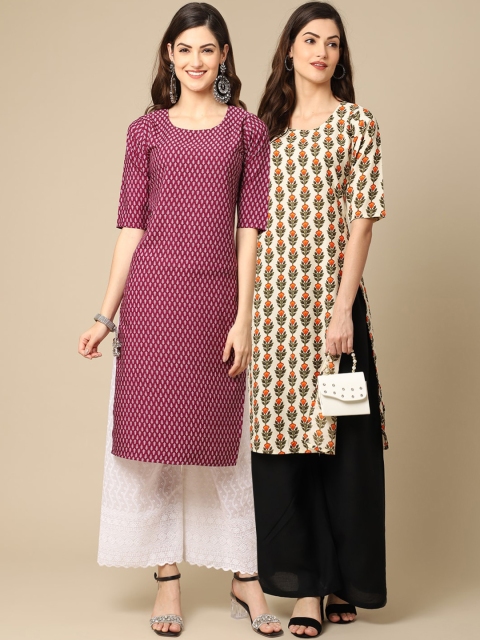 

KALINI Women Pack of 2 Magenta and Off white Block Print Handloom Crepe Kurta
