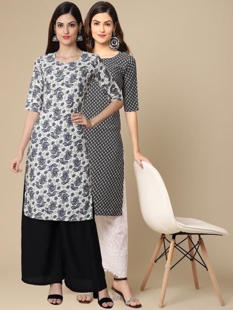 

KALINI Women Pack of 2 White & Black Floral Printed Crepe Kurta