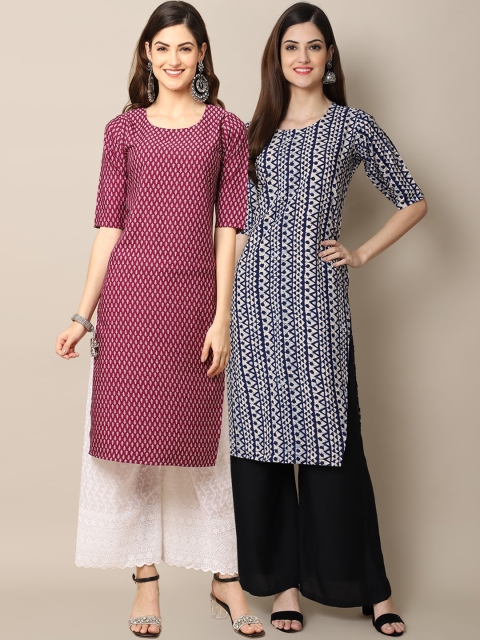

KALINI Women Multicoloured Geometric Block Print Handloom Crepe Kurta, Multi