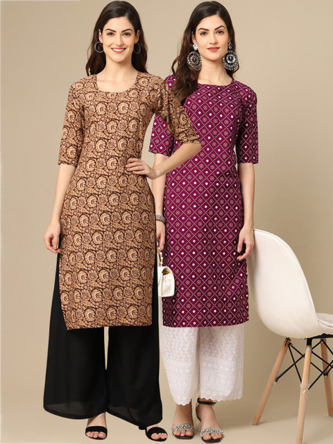 

KALINI Women Pack Of 2 Purple & Brown Ethnic Motifs Printed Crepe Kurta