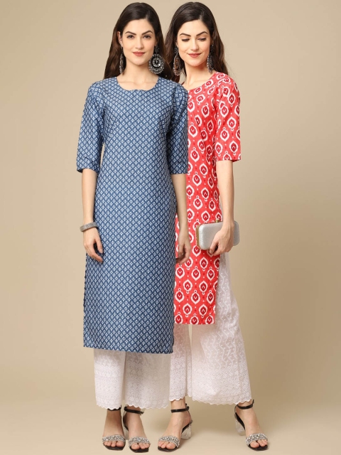 

KALINI Women Pack Of 2 Geometric Checked Block Print Handloom Crepe Kurta, Multi