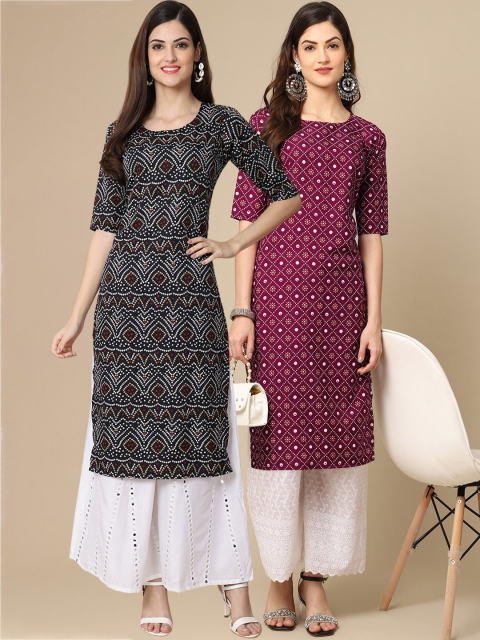 

KALINI PACK OF 2 Women Ethnic Motifs Printed Block Print Handloom Crepe Kurta, Black