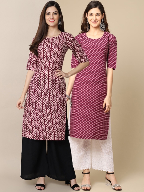 

KALINI Set of 2 Women Printed Block Print Handloom Crepe Straight Kurta, Maroon