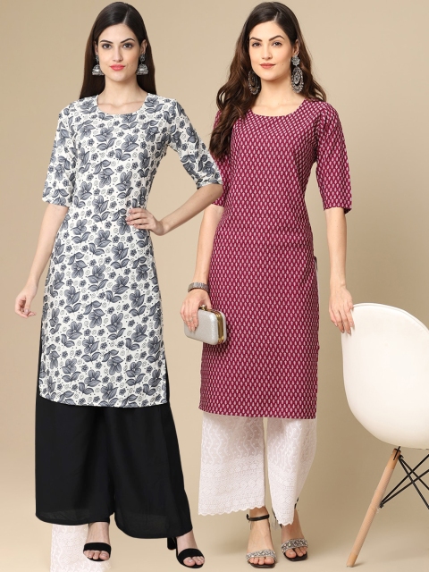 

KALINI Women Pack of 2 Grey & Red Digital Printed Crepe Straight Kurtas