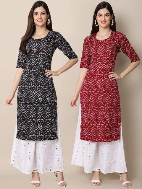 

KALINI Women Pack Of 2 Black & Maroon Ethnic Motifs Printed Crepe Kurta