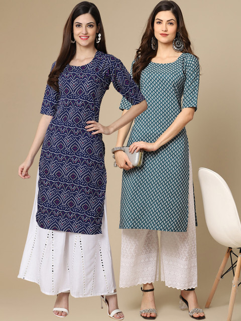 

KALINI Women Pack Of 2 Blue & Green Geometric Printed Block Print Crepe Kurtas