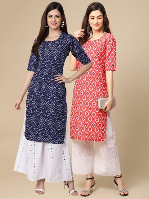 

KALINI Women Pack Of 2 Blue & Peach-Coloured Printed Block Print Crepe Kurtas