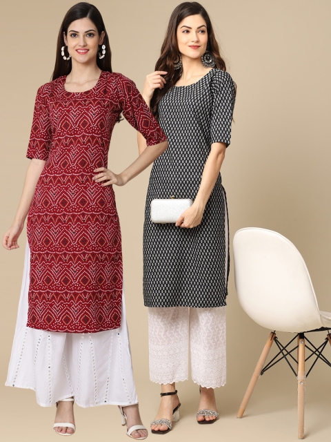 

KALINI Women Maroon & Black Set Of 2 Ethnic Motifs Printed Crepe Kurta
