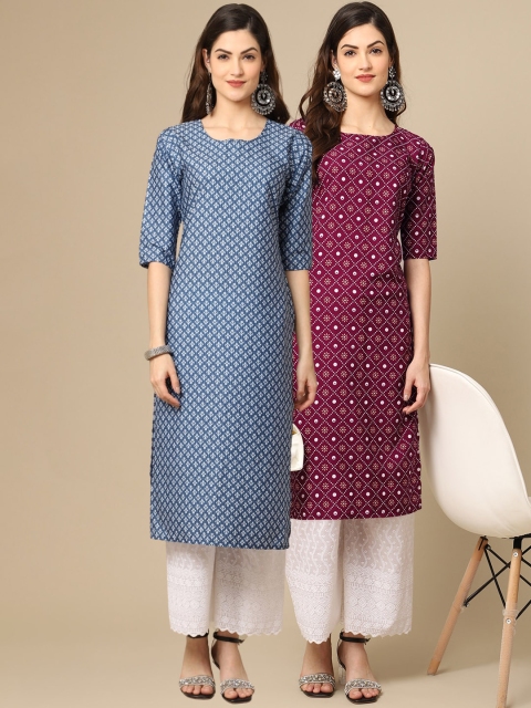 

KALINI Set of 2 Women Printed Block Print Handloom Crepe Straight Kurta, Teal