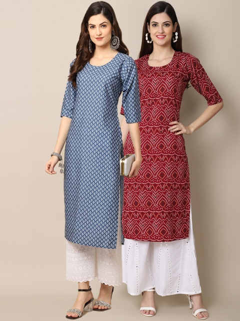 

KALINI Women Pack Of 2 Blue & Maroon Printed Block Print Crepe Kurtas