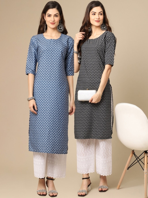 

KALINI Women Pack of 2 Blue & Black Ethnic Motifs Printed Handloom Crepe Kurta