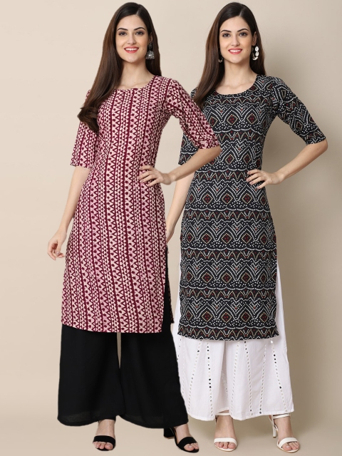

KALINI Set of 2 Women Printed Block Print Handloom Crepe Straight Kurta, Maroon