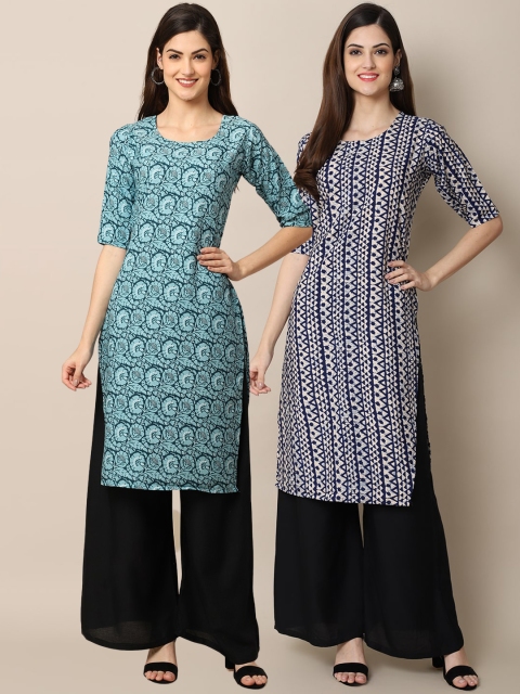 

KALINI Women Green & Blue Ethnic Color Printed Straight Handloom Kurta (PACK OF 2)