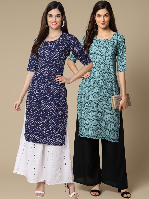 

KALINI Women Pack Of 2 Blue & Green Ethnic Motifs Printed Block Print Crepe Kurta