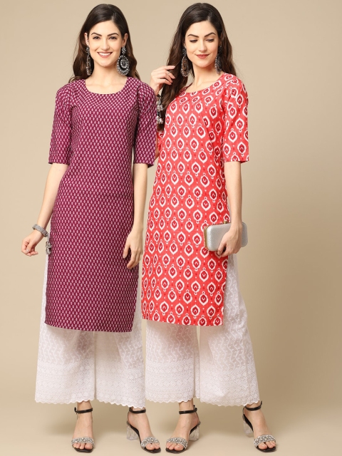 

KALINI Women Pack Of 2 Maroon & Peach-Coloured Ethnic Motifs Printed Crepe Kurta