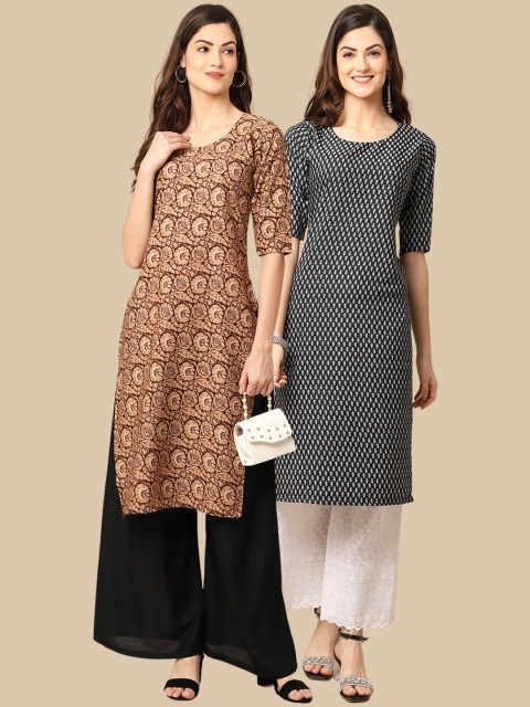 

KALINI Women's Crepe Brown & Black Color Printed Straight Handloom Kurta (PACK OF 2)
