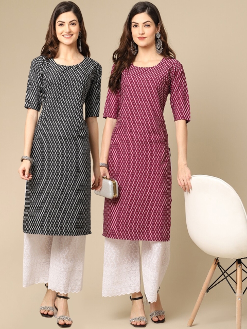 

KALINI Women Pack Of 2 Black & Maroon Geometric Printed Block Print Crepe Kurtas