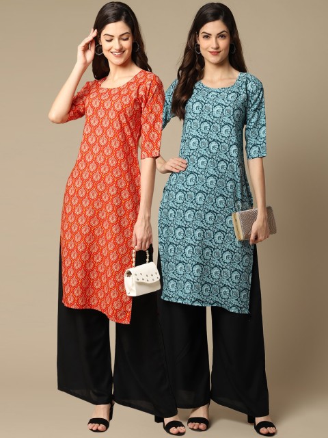 

KALINI Women Pack Of 2 Orange & Blue Ethnic Motifs Printed Block Print Crepe Kurta