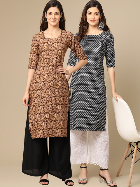 

KALINI Women Set Of 2 Brown & Black Floral Printed Crepe Kurta