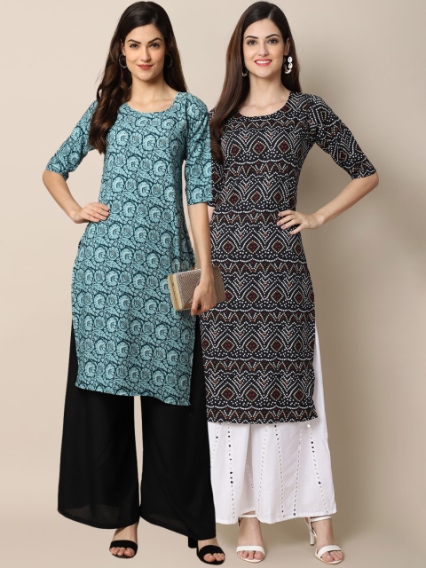 

KALINI Women Pack Of 2 Blue & Black Ethnic Motifs Printed Crepe Kurta