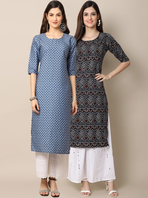 

KALINI Pack of 2 Women Black & Blue Ethnic Motifs Printed Crepe Kurta