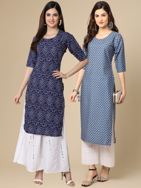 

KALINI Women Pack Of 2 Blue & White Ethnic Motifs Printed Crepe Kurta
