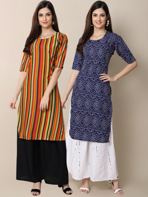 

KALINI Women Pack Of 2 Multicoloured & Blue Printed Crepe Kurta, Multi