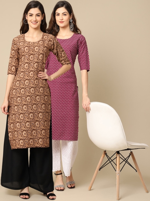 

KALINI Women Pack Of 2 Beige & Maroon Floral Printed Crepe Kurta