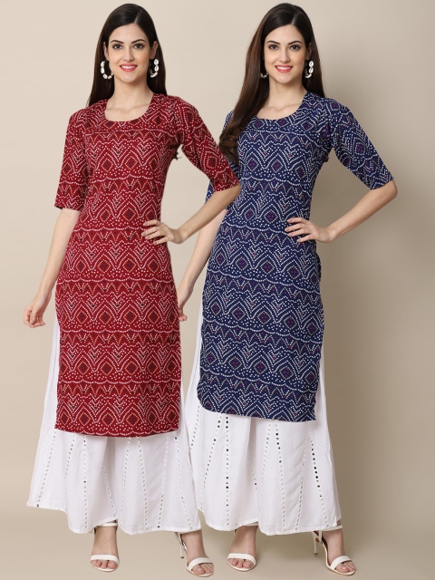 

KALINI Women Pack Of 2 Maroon & Blue Bandhani Printed Crepe Kurta