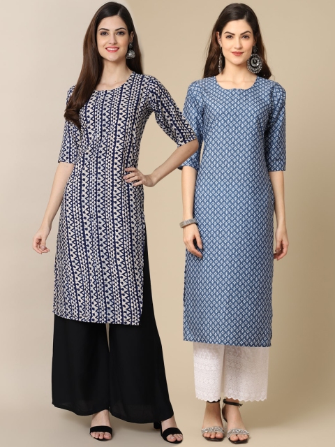 

KALINI PACK OF 2 Women Ethnic Motifs Printed Block Print Handloom Crepe Kurta, Blue