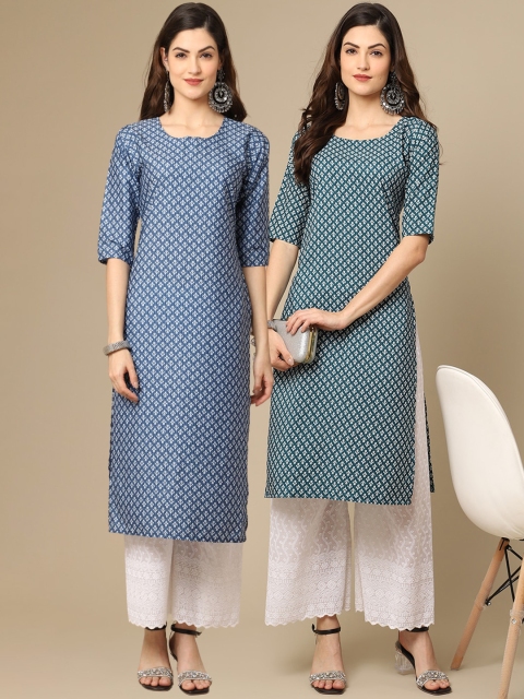 

KALINI Pack of 2 Women Blue & Teal Ethnic Motifs Printed Crepe Kurta