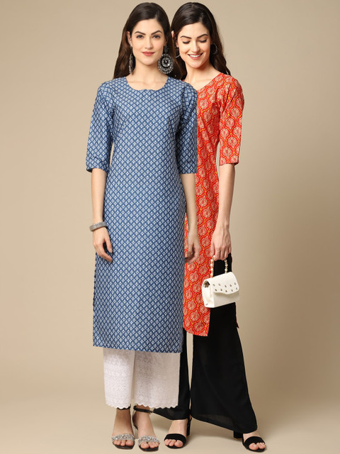 

KALINI Women Pack of 2 Blue & Orange Ethnic Motifs Printed Handloom Crepe Kurta