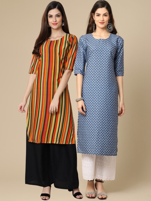 

KALINI Set of 2 Women Printed Block Print Handloom Crepe Straight Kurta, Multi