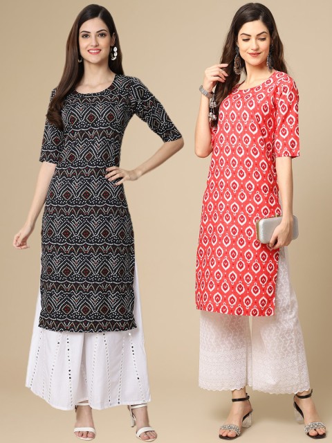 

KALINI Women Pack of 2 Black & Coral Geometric Printed Crepe Kurta