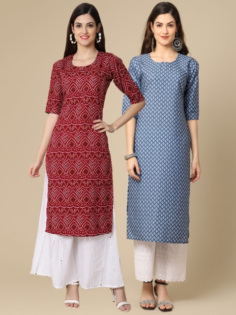 

KALINI Women Pack Of 2 Maroon & Blue Bandhani Printed Crepe Kurta