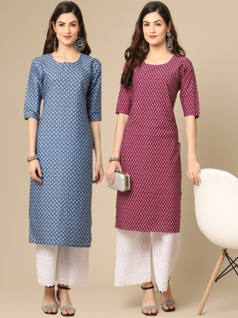 

KALINI Women Pack Of 2 Blue & Burgundy Geometric Printed Crepe Kurta