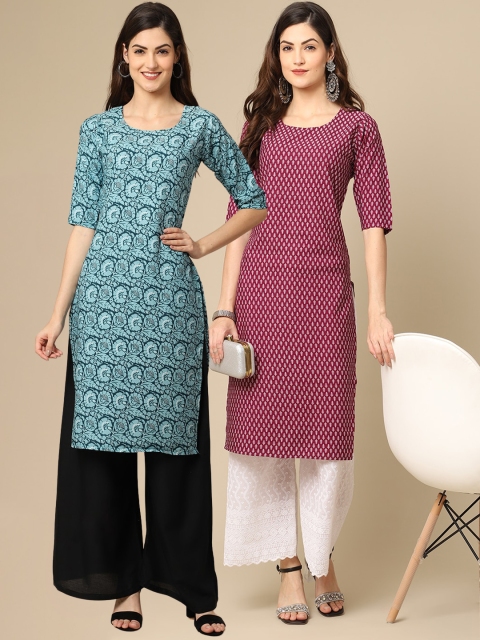 

KALINI Set of 2 Women Printed Block Print Handloom Crepe Straight Kurta, Multi