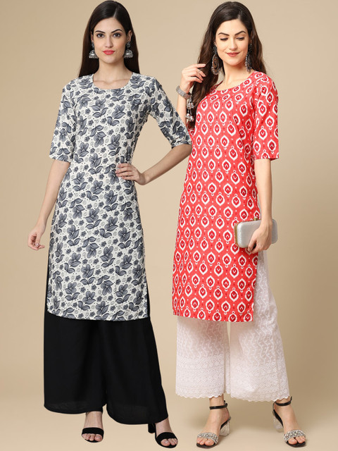 

KALINI Women Pack of 2 Grey and Peach Block Print Handloom Crepe Kurta