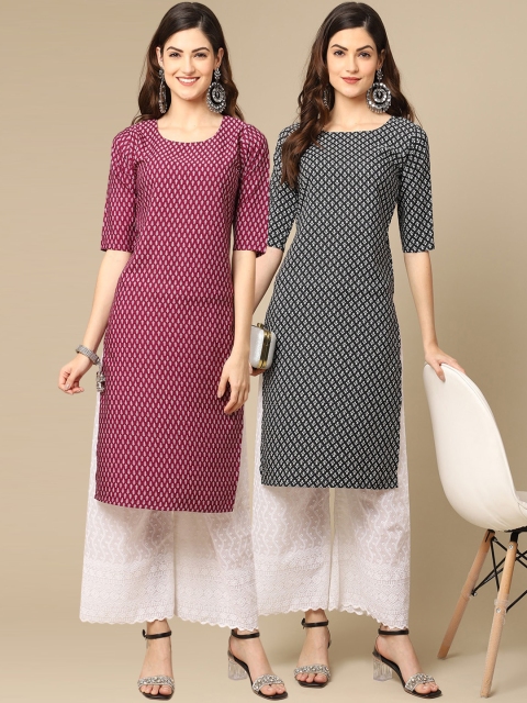 

KALINI Women Pack of 2 Maroon & Black Ethnic Motifs Printed Handloom Crepe Kurta