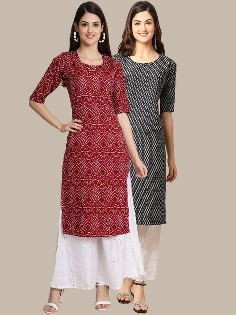 

KALINI Women Pack of 2 Red & Black Digital Printed Crepe Straight Kurtas