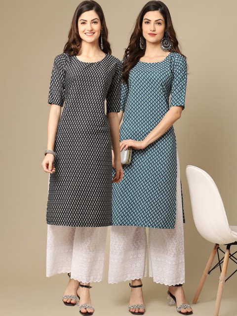 

KALINI Women Pack of 2 Black & Blue Geometric Printed Crepe Kurta