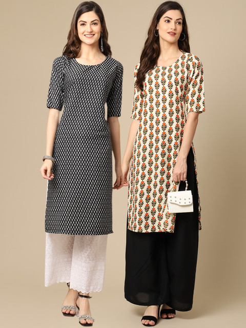 

KALINI Women Pack Of 2 Black & Cream-Coloured Geometric Printed Block Print Crepe Kurtas