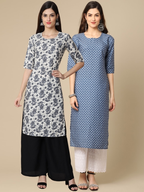 

KALINI Women Pack Of 2 White & Blue Floral Printed Crepe Kurta