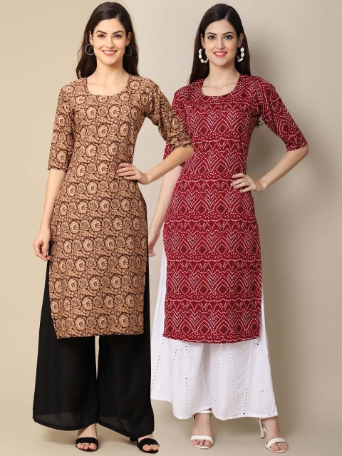 

KALINI Women Pack Of 2 Brown & Maroon Ethnic Motifs Printed Crepe Kurta