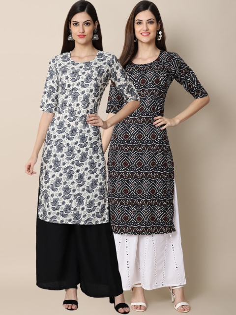 

KALINI Women Set Of 2 Grey & Black Floral Printed Crepe Kurta