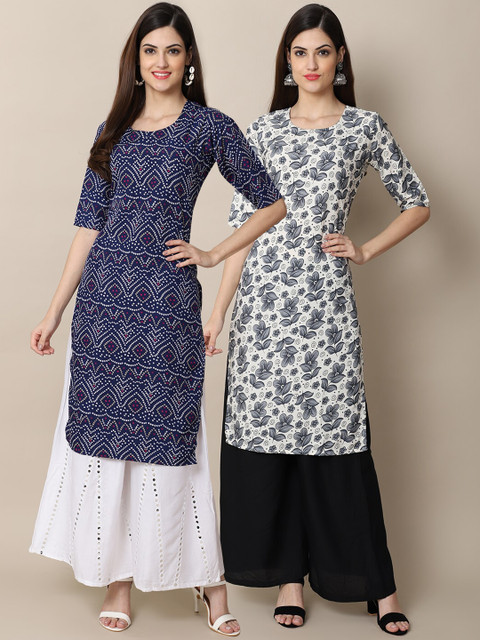 

KALINI Women Pack of 2 Blue & White Floral Printed Block Print Crepe Kurta