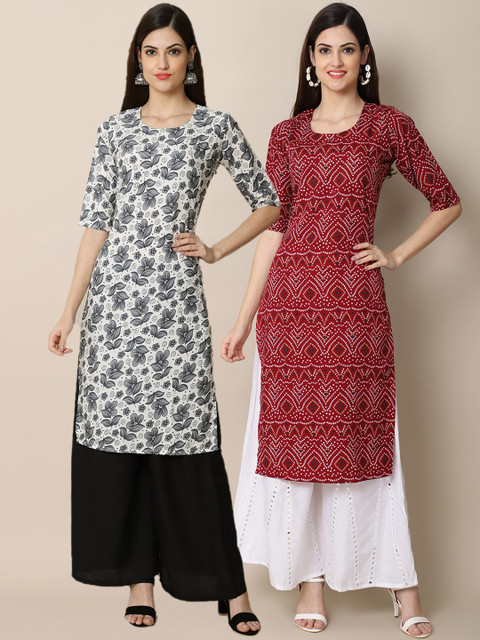 

KALINI PACK OF 2 Women Ethnic Motifs Printed Block Print Handloom Crepe Kurta, Grey